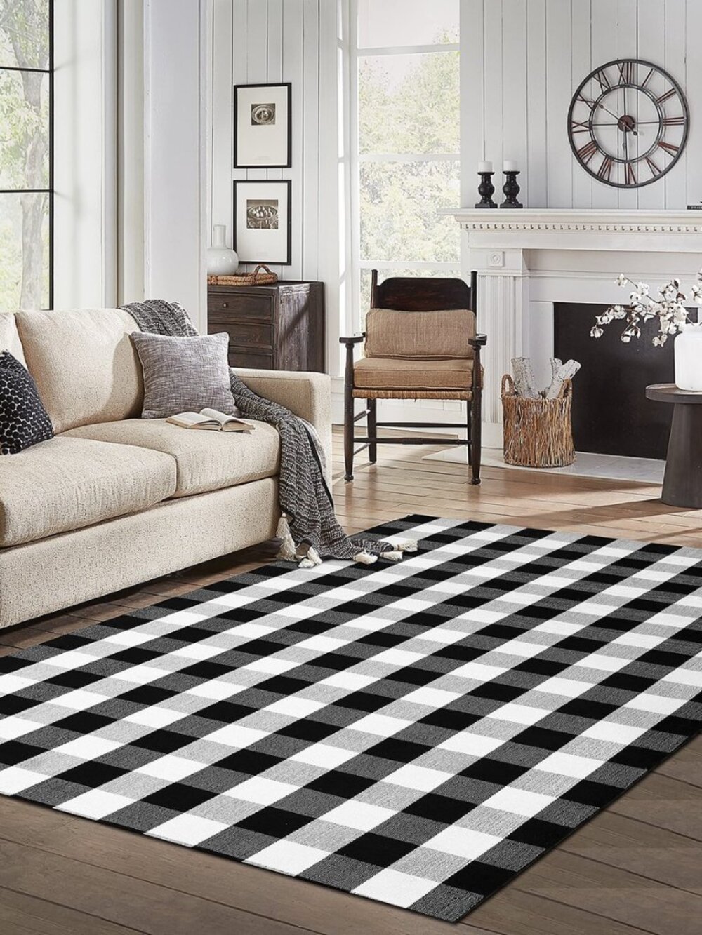 5x8 Buffalo Plaid Area Rug, Washable Indoor Outdoor, Black White